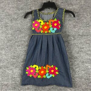 Vintage Girls Embroidered Denim Folk Dress Size 5T